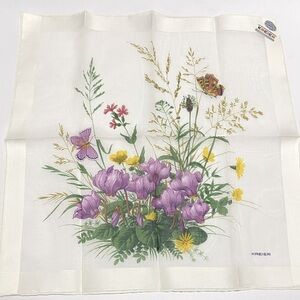 Vintage Kreier Handkerchief Cyclamen Floral Butterfly Purple Yellow Switzerland